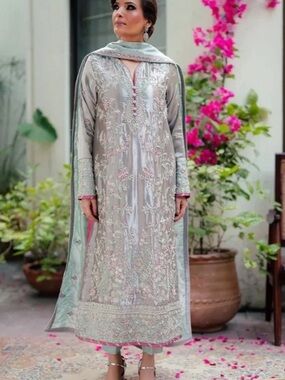 Embroidered Silver-Grey Formal Kurta with Pink Accents